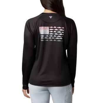 Columbia Ženske Majice S Kapuljačom - Tidal PFG Fish Flag Long Sleeve Crne Roze | GKBM-54839